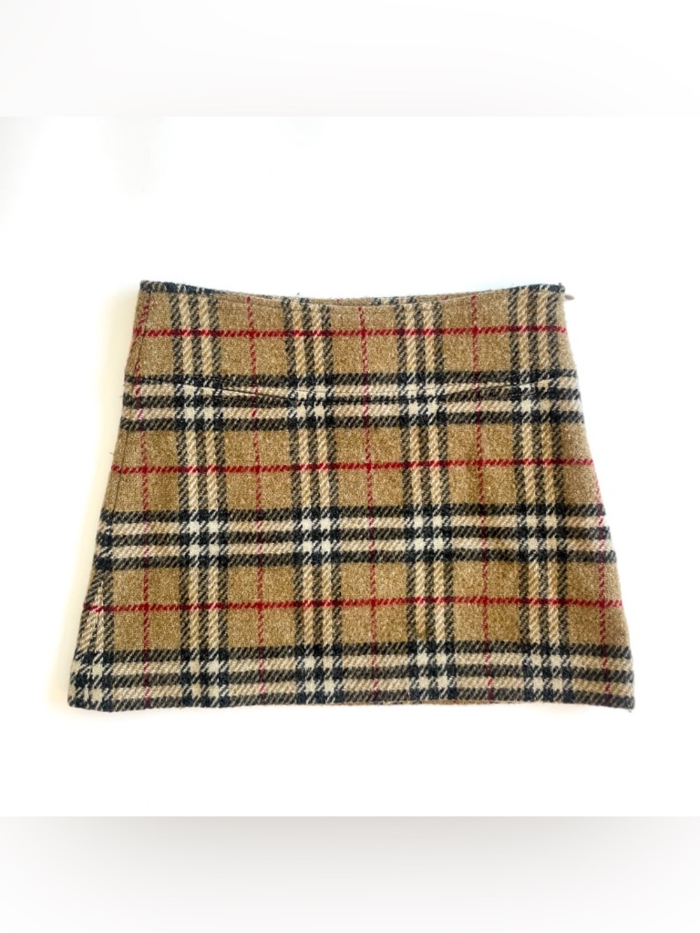 Burberry Tan Plaid Mini Skirt with Black, White and Red Check